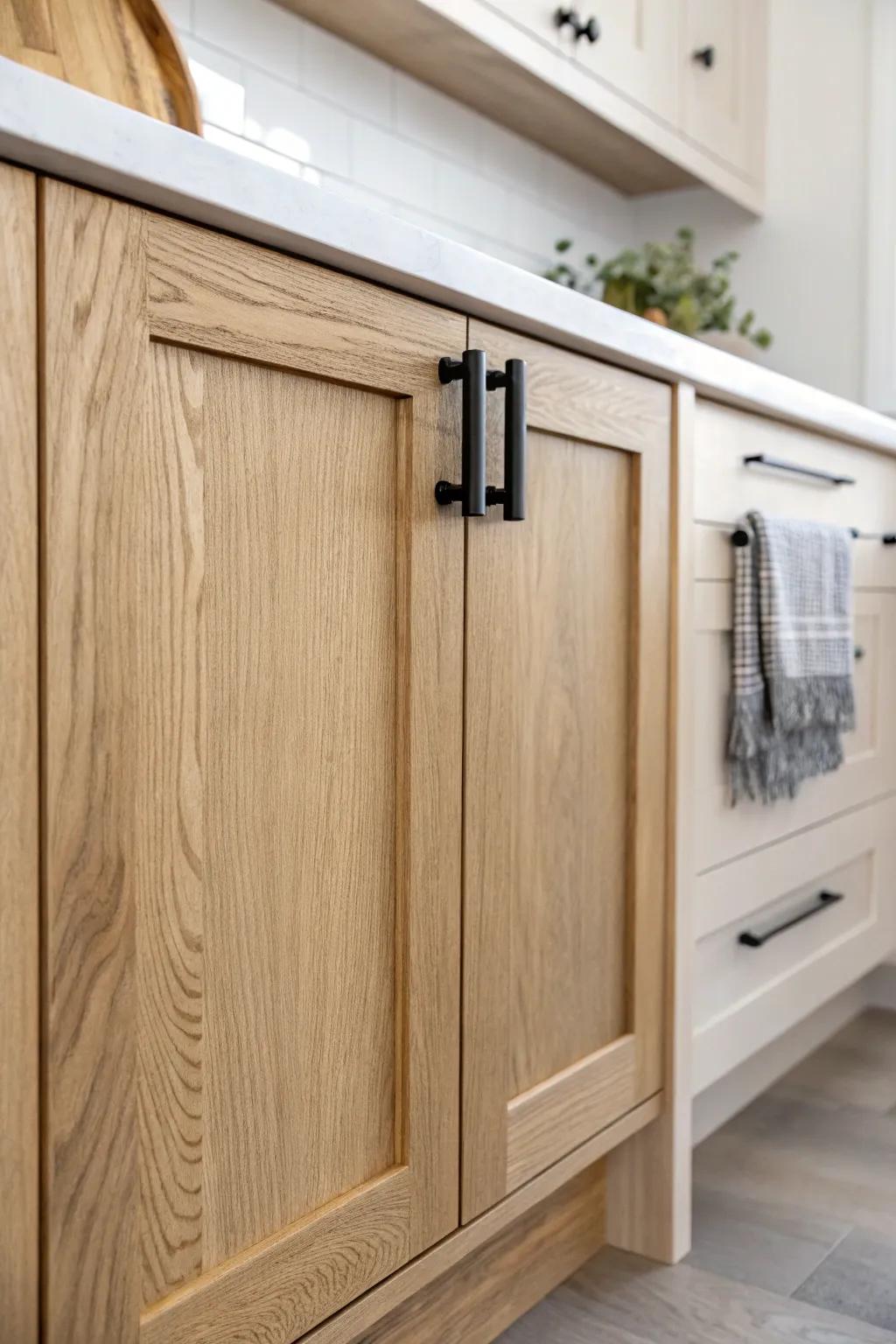 Two-tone bar pull—matte black with warm brass ends—adds depth to Shaker cabinets.
