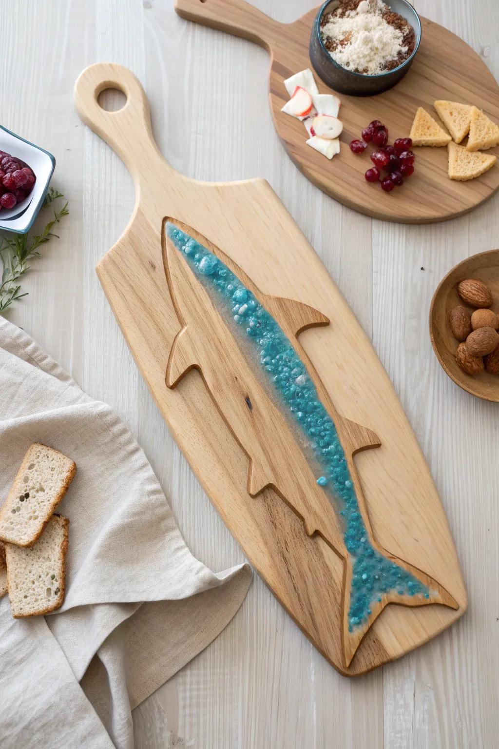 A shark board with a blue resin “ocean channel” inlay—instant wow without relying on blue foods.