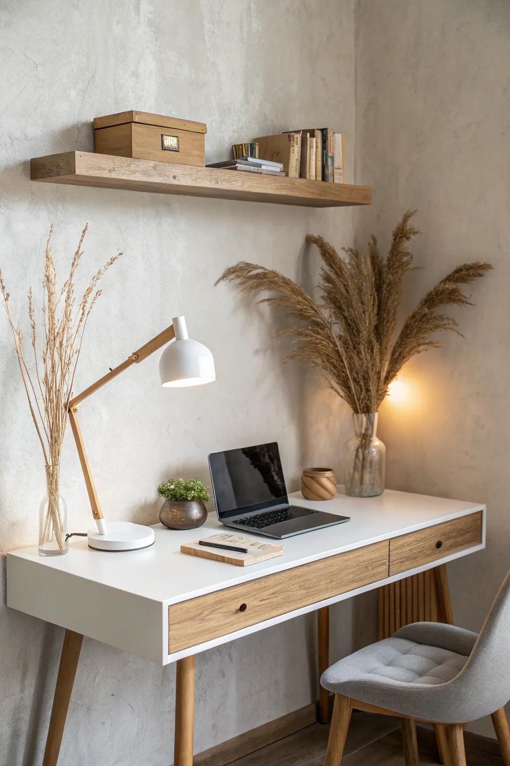 Floating wood shelf with hidden task lighting—cozy, space-saving, and beautifully minimal.