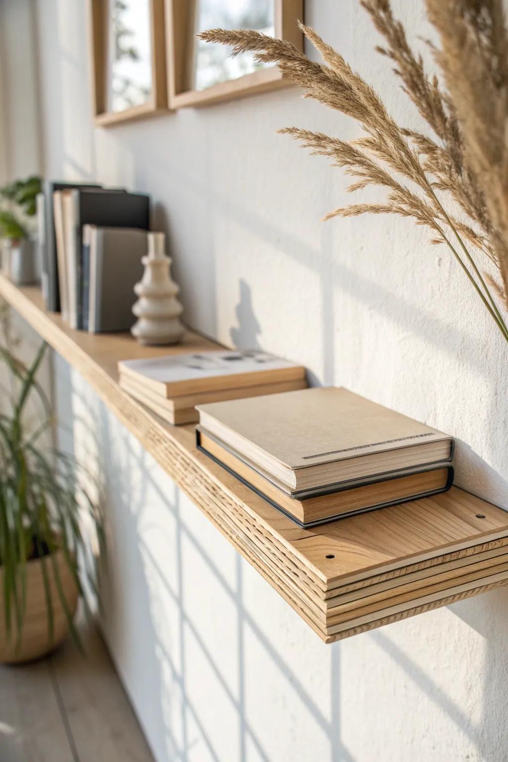 Minimal sliding plywood panels that hide shelf clutter while keeping everything easy to reach.