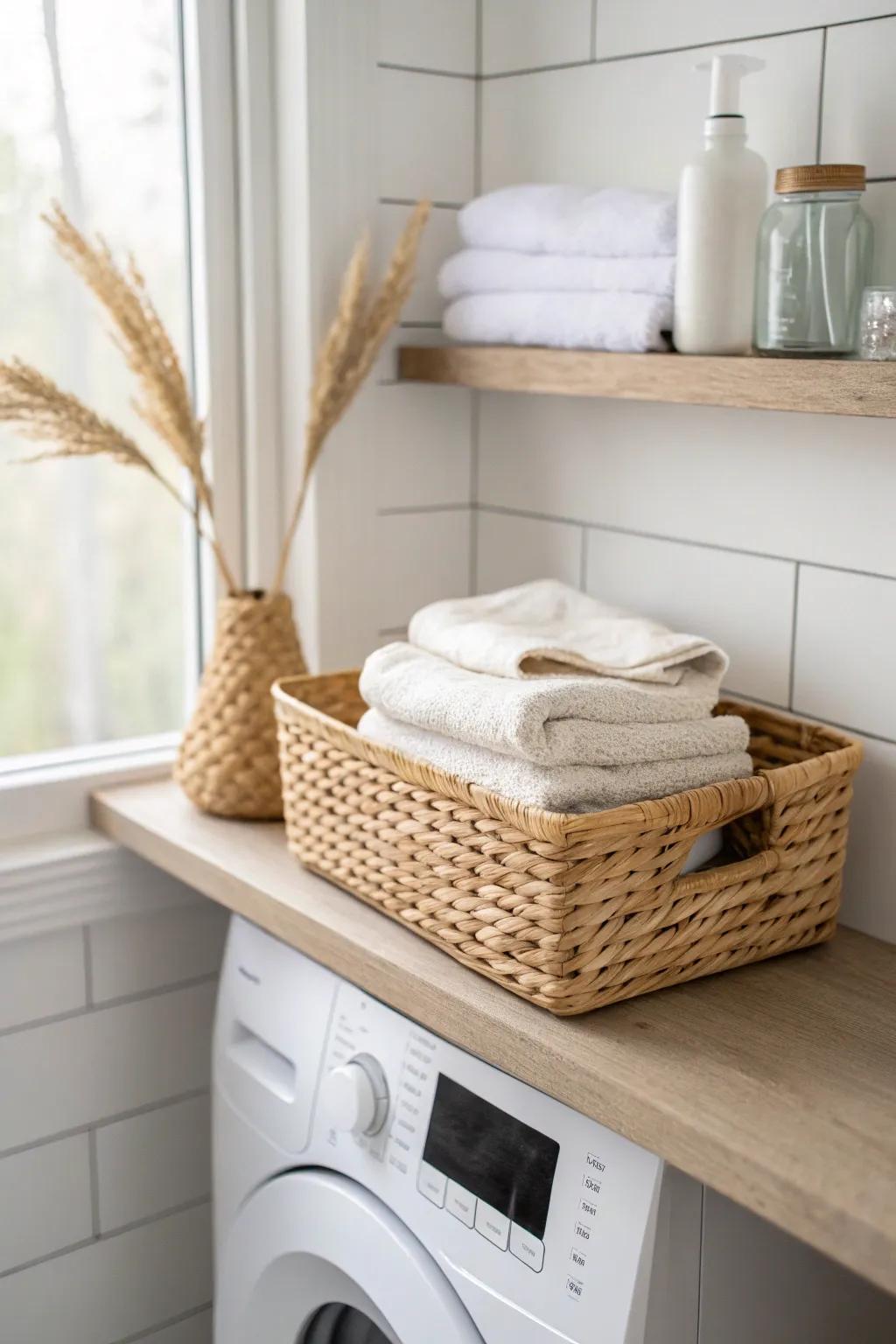 French cleat shelves above the washer—modular storage that stays calm, chic, and tidy.