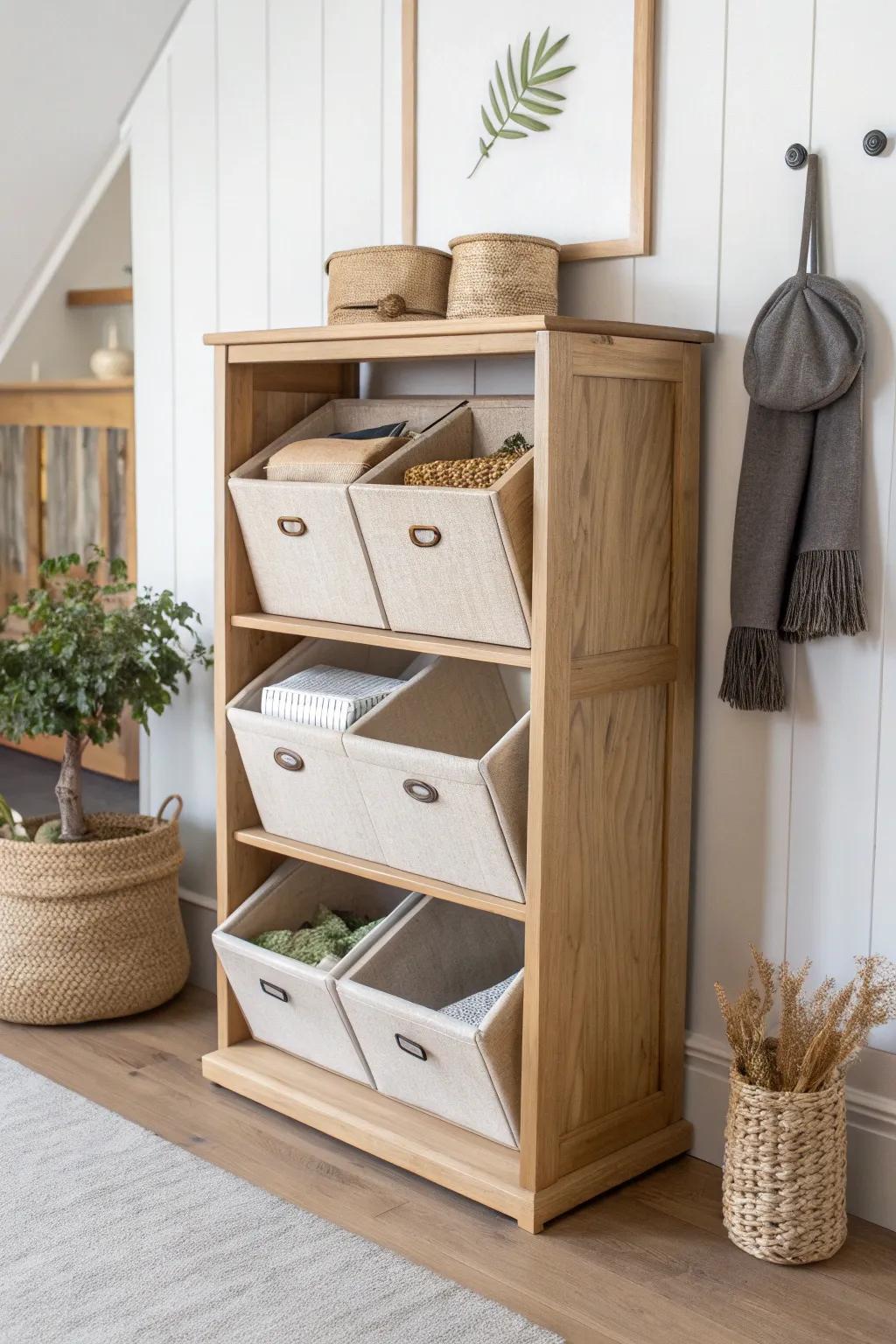 Tilt-out bin shelves: visible but contained sorting with warm oak craftsmanship and calm style.