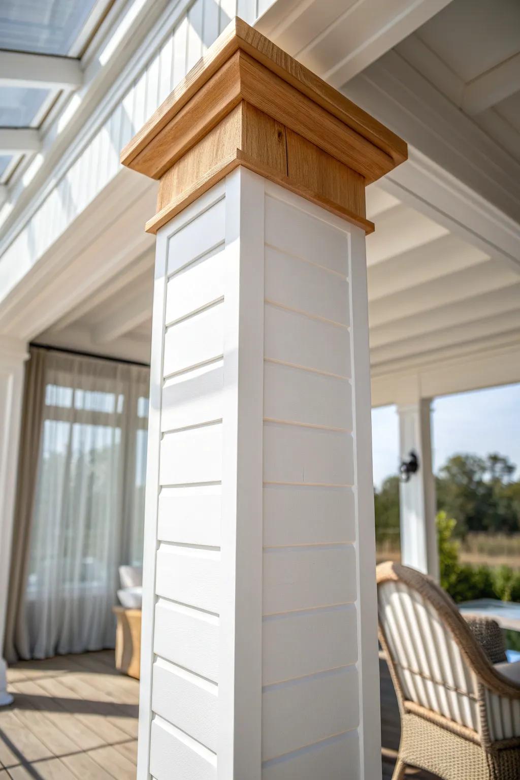 Shiplap-wrapped columns add instant architecture—clean lines, cozy warmth, weekend-friendly impact.