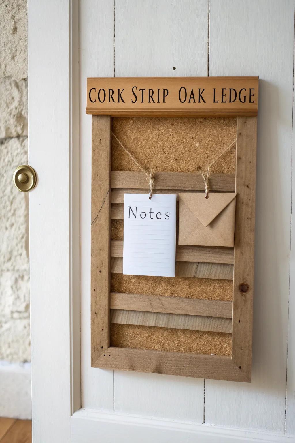 Reclaimed shutter turned message board—cork strip, tiny ledge, and warm wood grain charm.