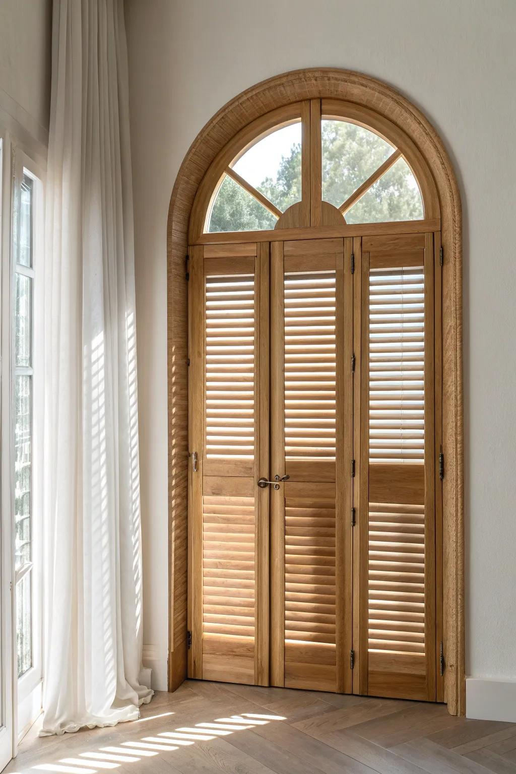 Custom arched wood shutters in light oak—simple finish, perfect curve, beautiful living-room light.