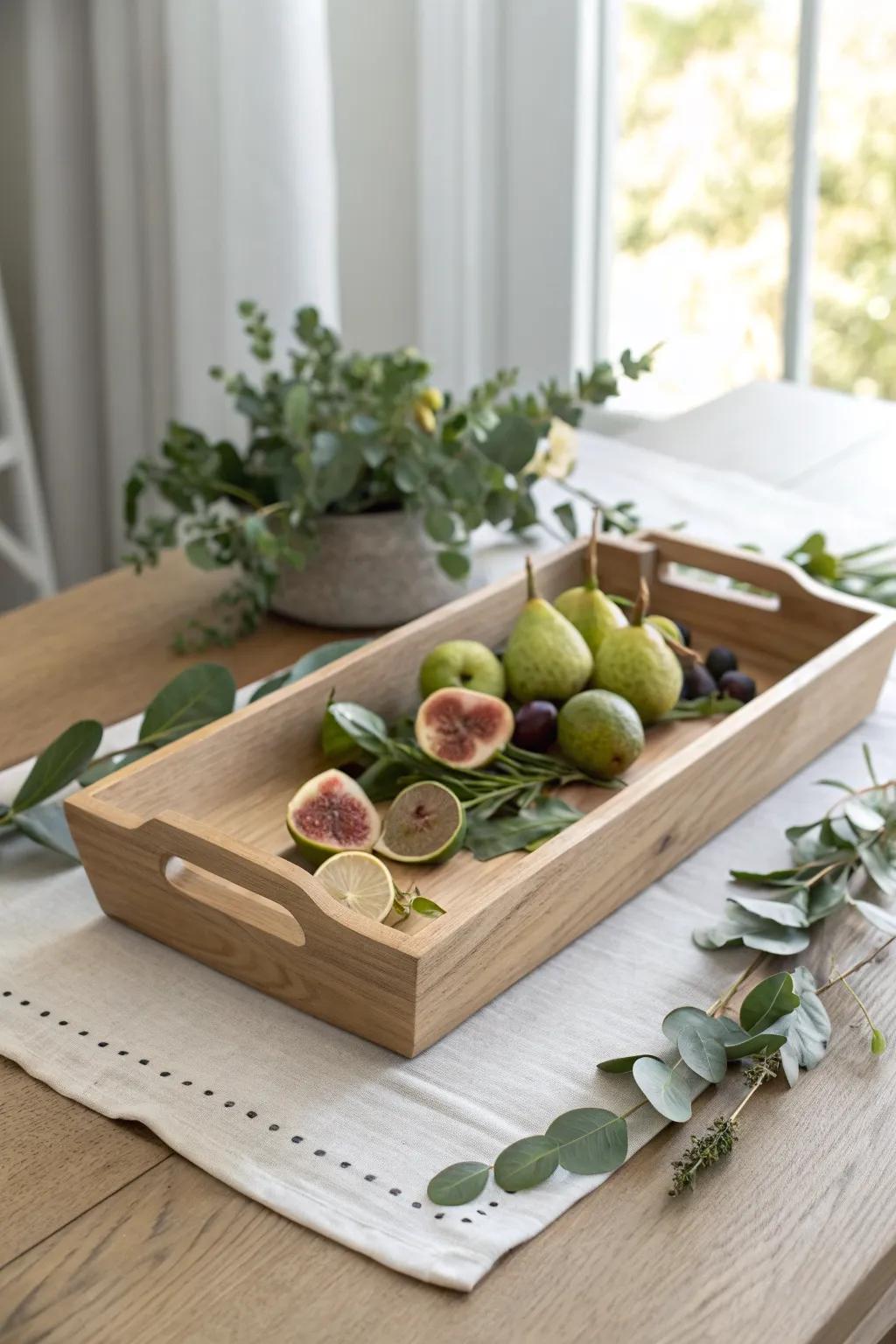 Seasonal fruit nestled in eucalyptus on a handcrafted wood centerpiece—simple, lush, timeless.