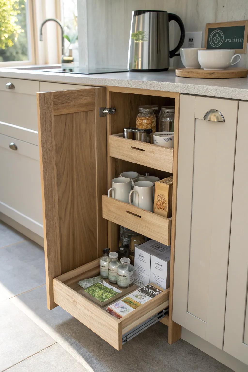 Skinny pull-out cabinet turned into a calm coffee & tea station—organized, beautiful, effortless.