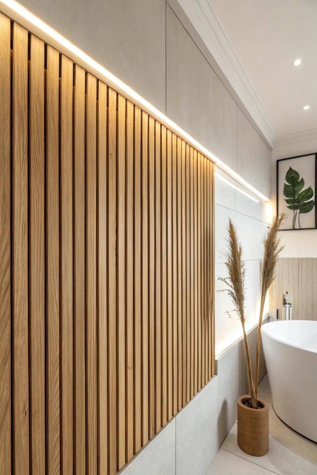 Hidden LED at the slat wall top creates a luxe, hotel-like glow and highlights every shadow line.
