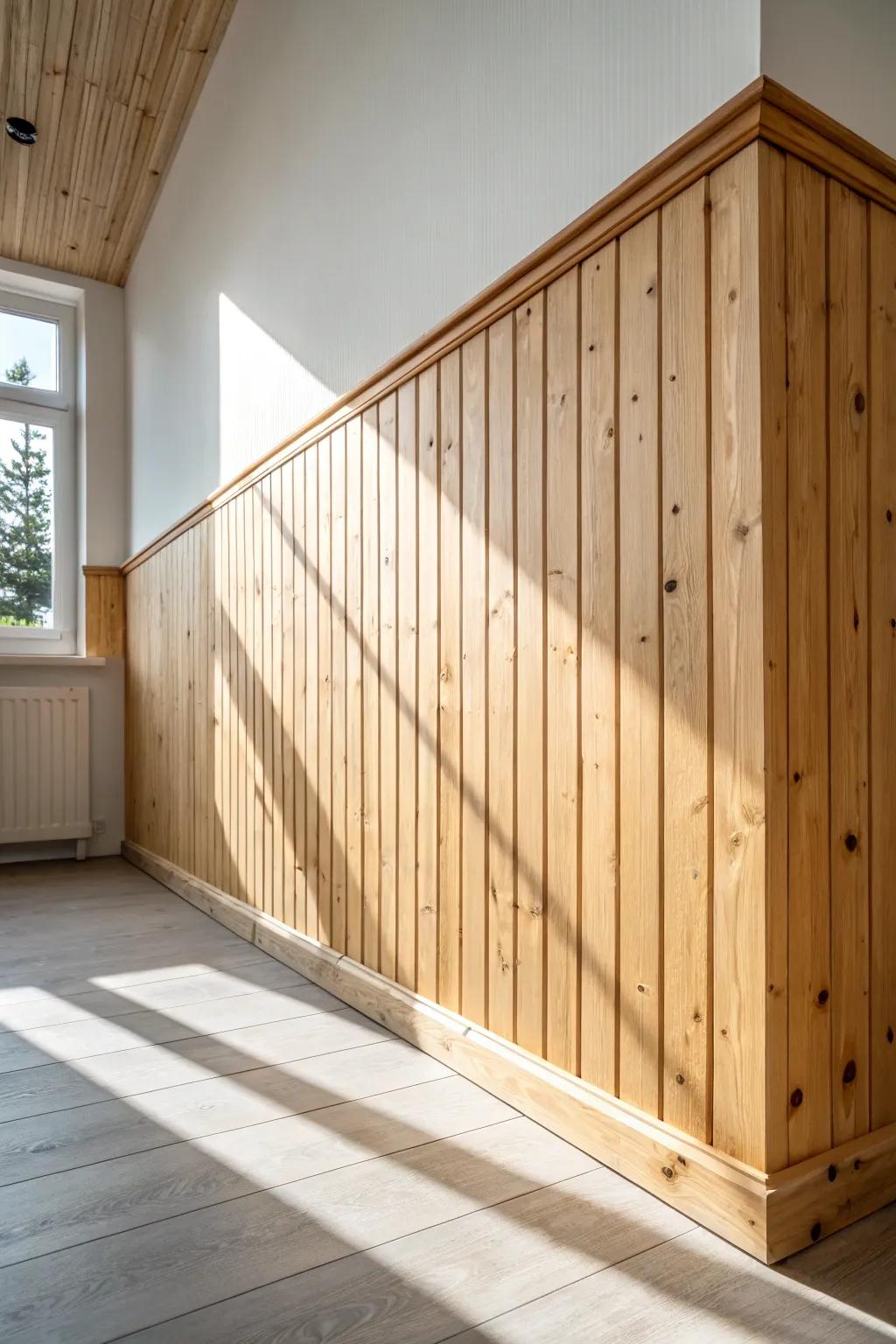 Clear-finished tongue-and-groove paneling makes a sleeping loft feel cozy, crafted, and calm.