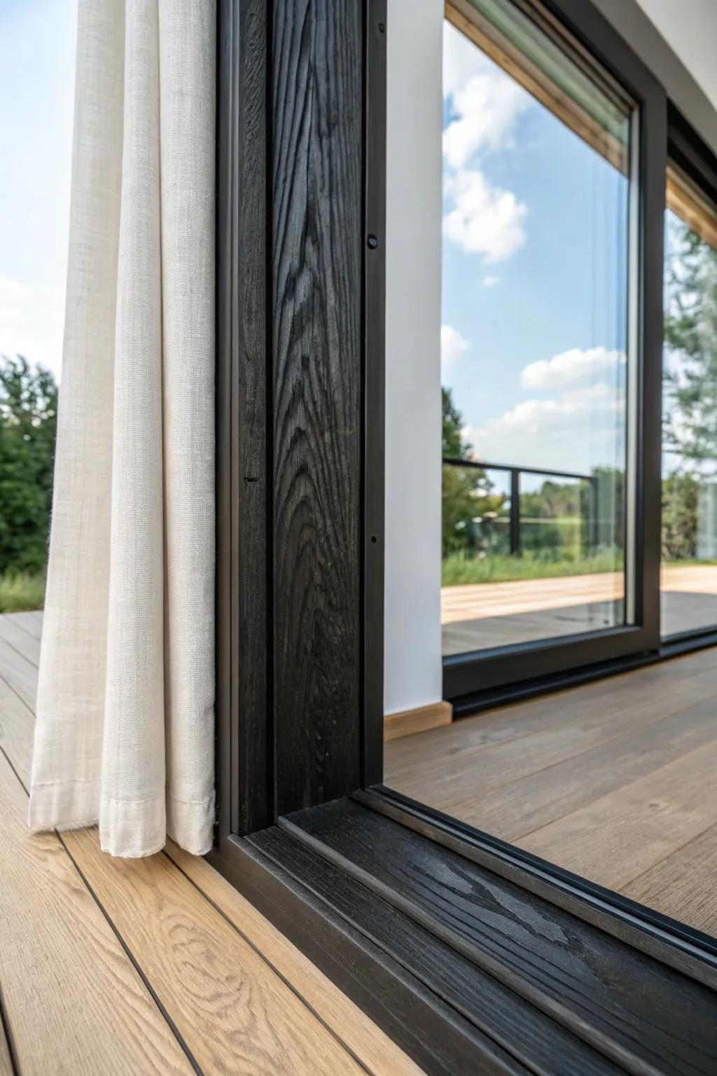 Shou Sugi Ban trim: bold black grain framing your sliding glass door like modern art.