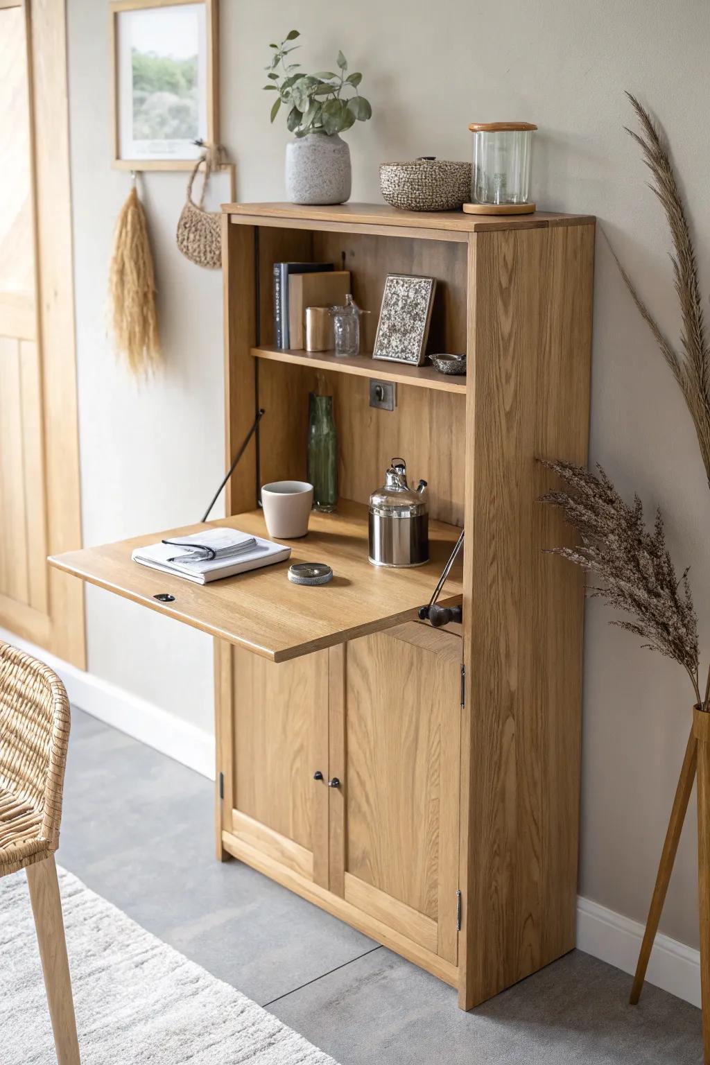 A flip-down oak bar counter that disappears when not in use—perfect for micro spaces.