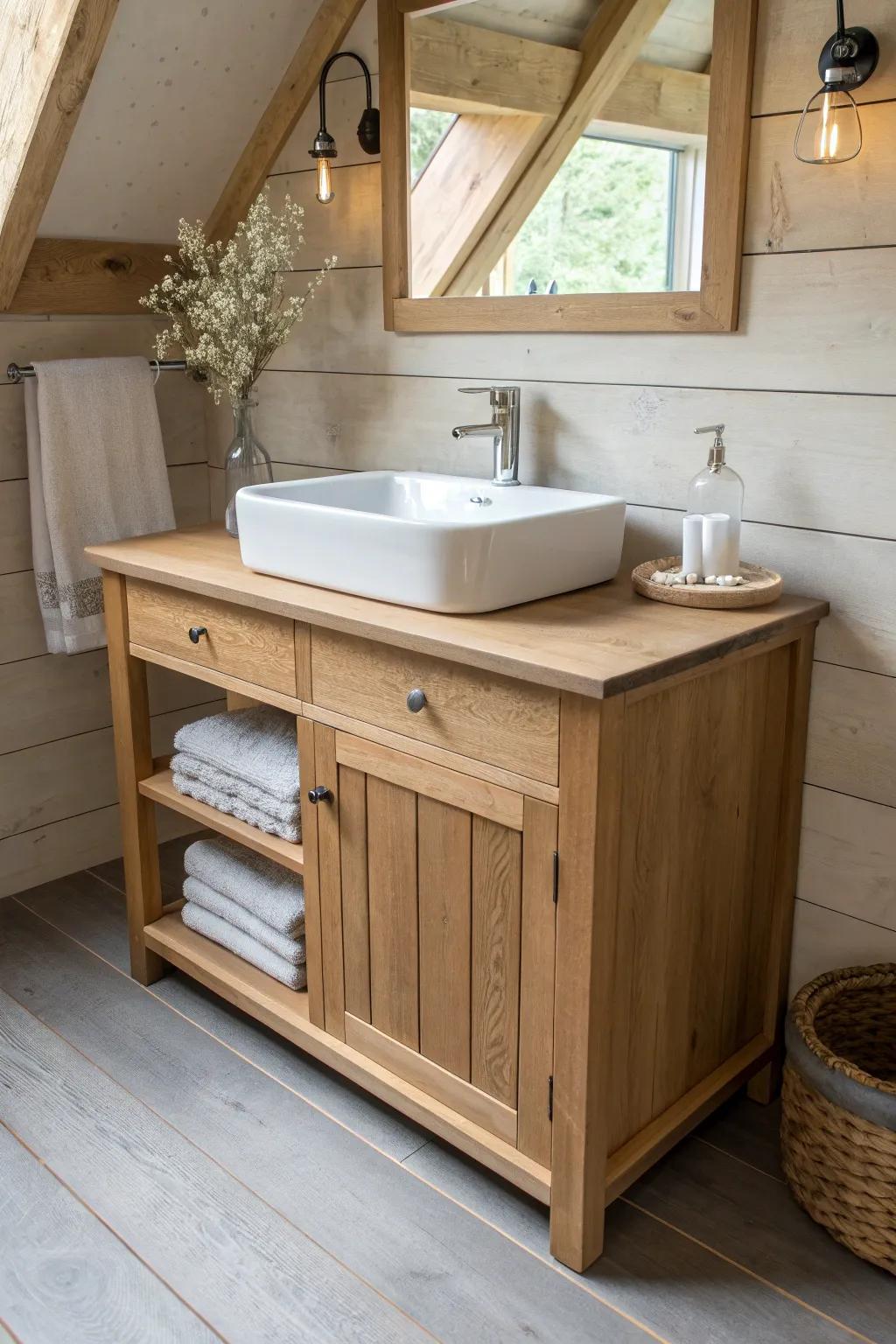 Stack wet zones beautifully—one oak vanity keeps plumbing simple and the wood details luxe.