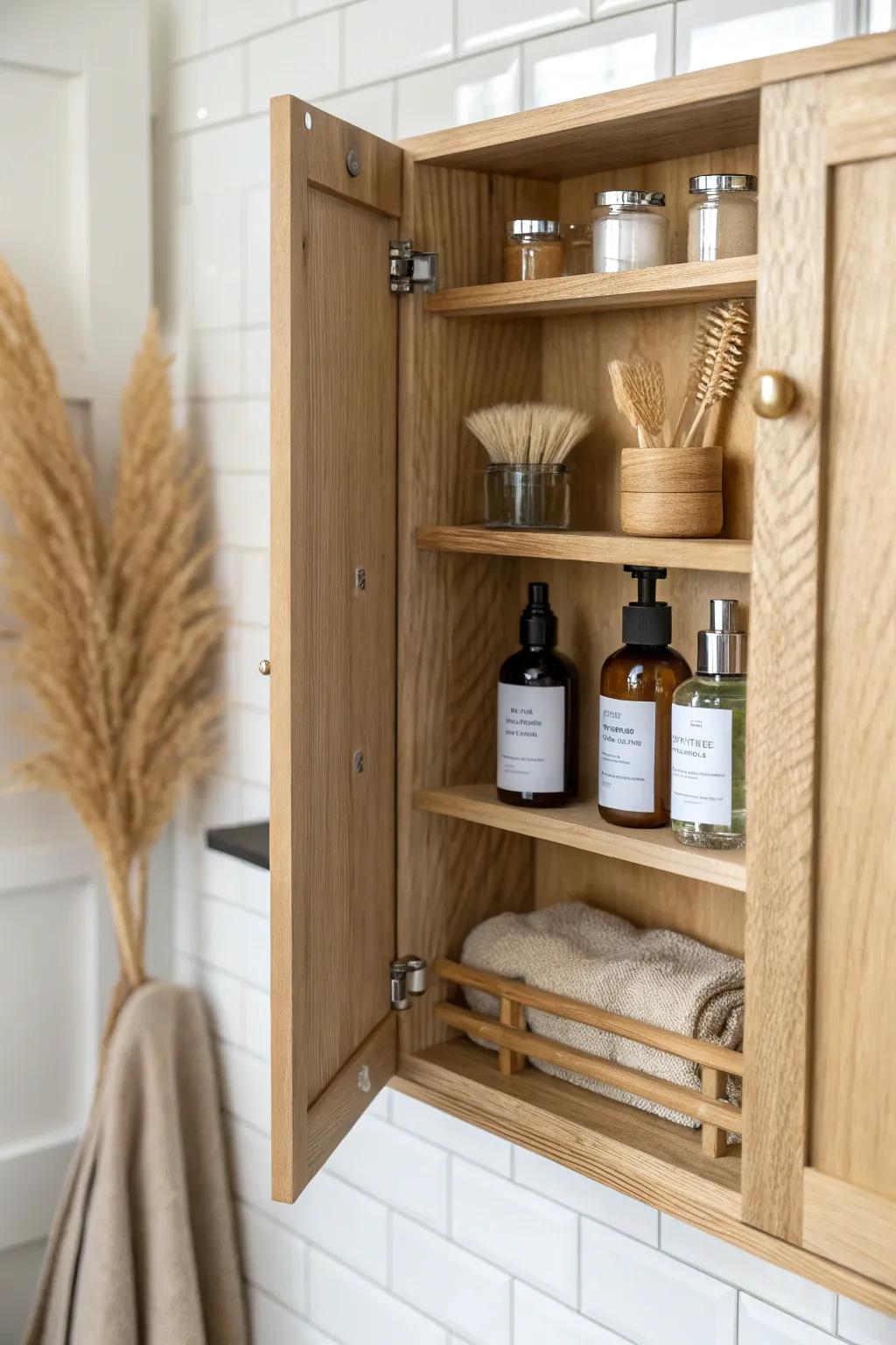 Secret vanity-door storage: slim wooden racks keep brushes and sprays tidy and off the counter.