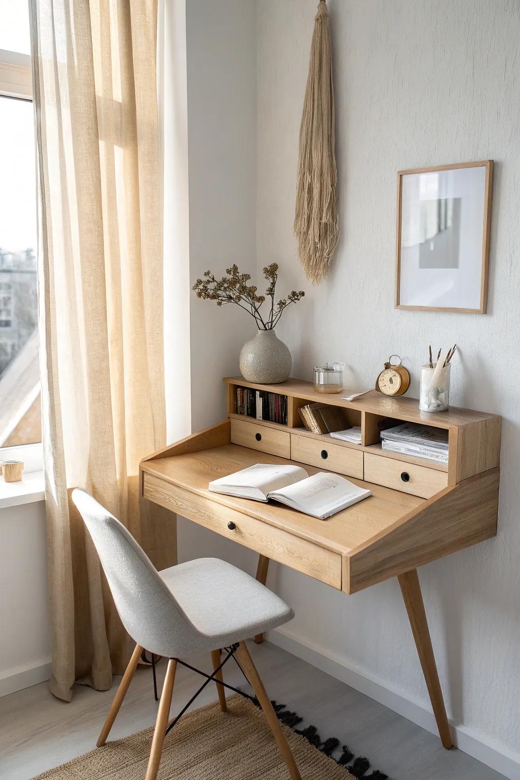 A floating oak desk + soft linen curtain divider for a calm, close-it-up bedroom office.