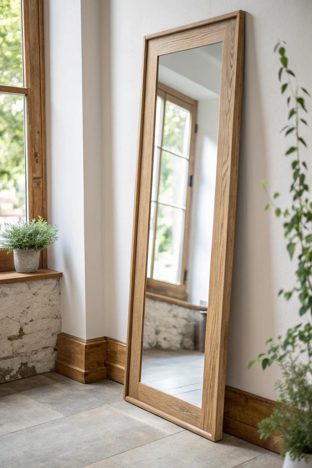 A slim oak-framed mirror panel doubles the light and makes a breezeway feel wider.