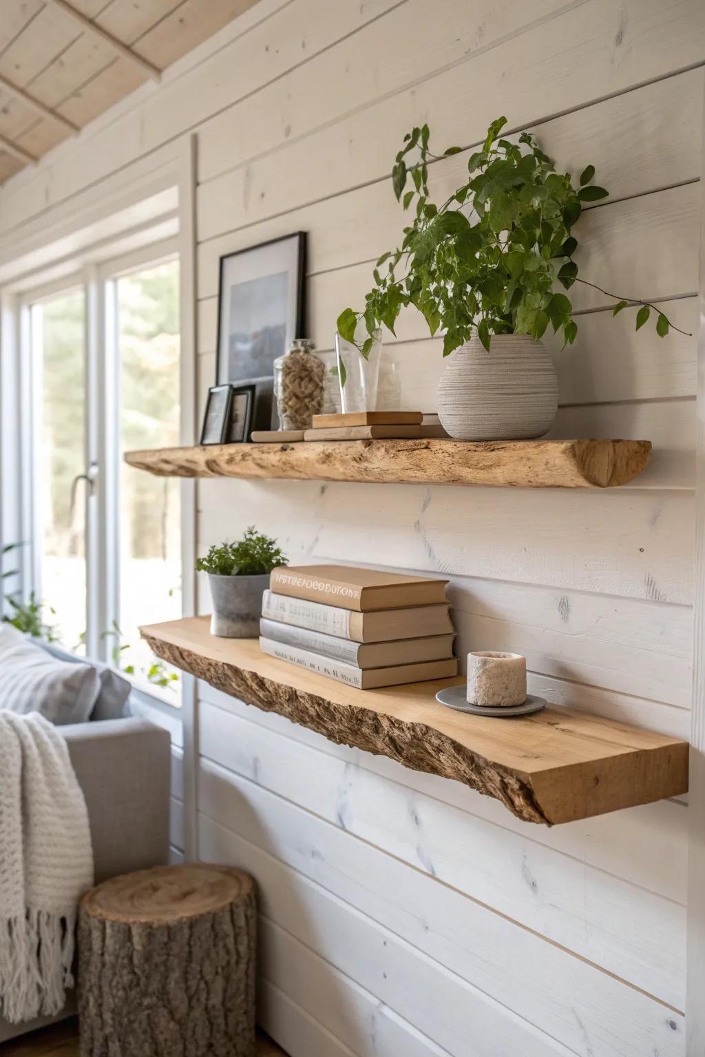 A live-edge floating shelf turns cabin walls into warm, functional wood art.