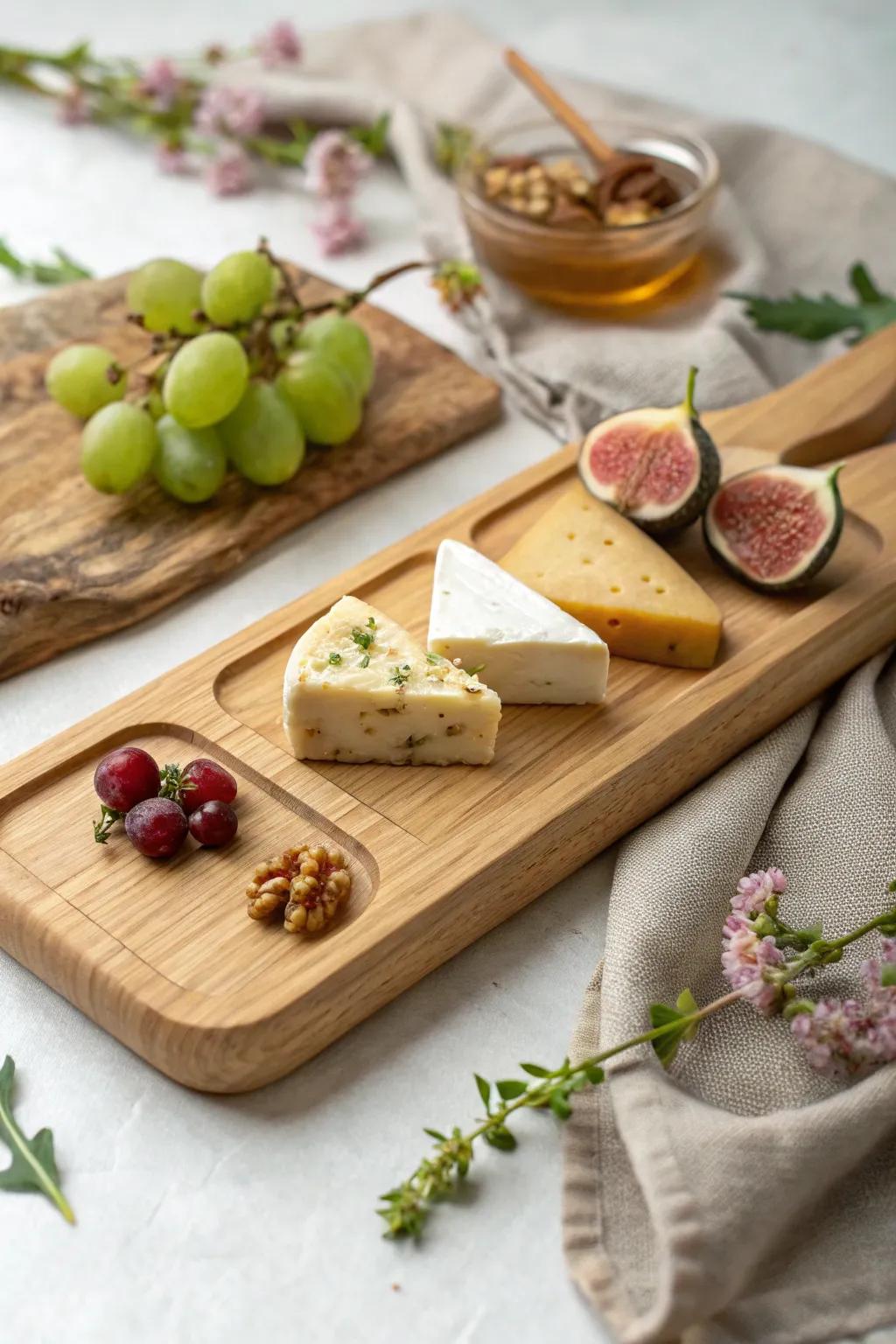 Mini cheese flight trio on matching wood boards—simple, sweet pairings with artisan charm.