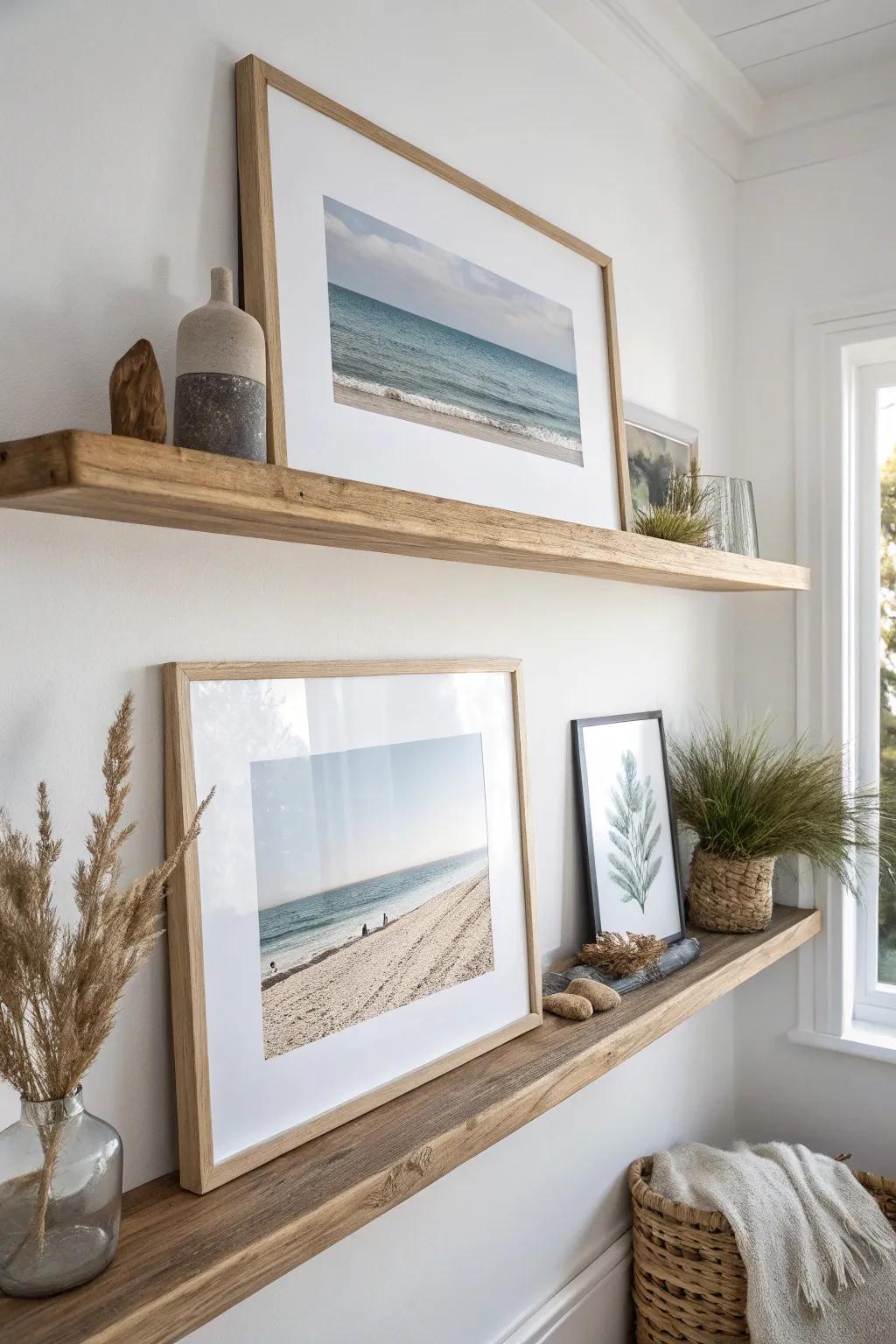 Light oak picture ledge gallery: two coastal prints for an airy, uncluttered small bedroom.