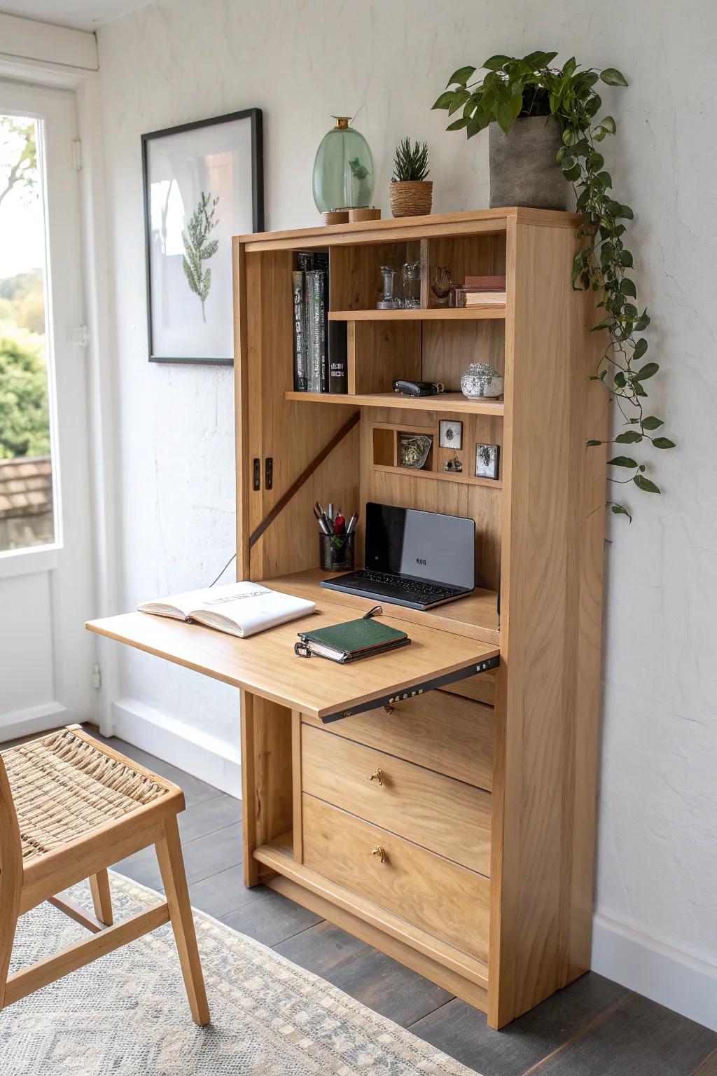 A fold-down corner desk in warm oak—work when you need it, close it away in seconds.