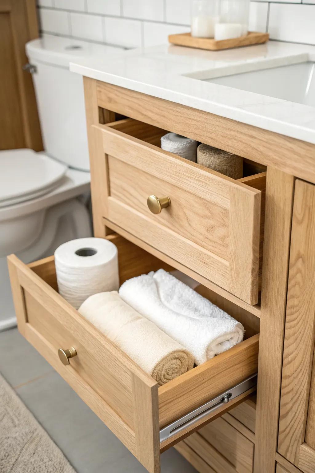 A hidden toe-kick drawer keeps a small Craftsman bath clutter-free—storage under your feet.