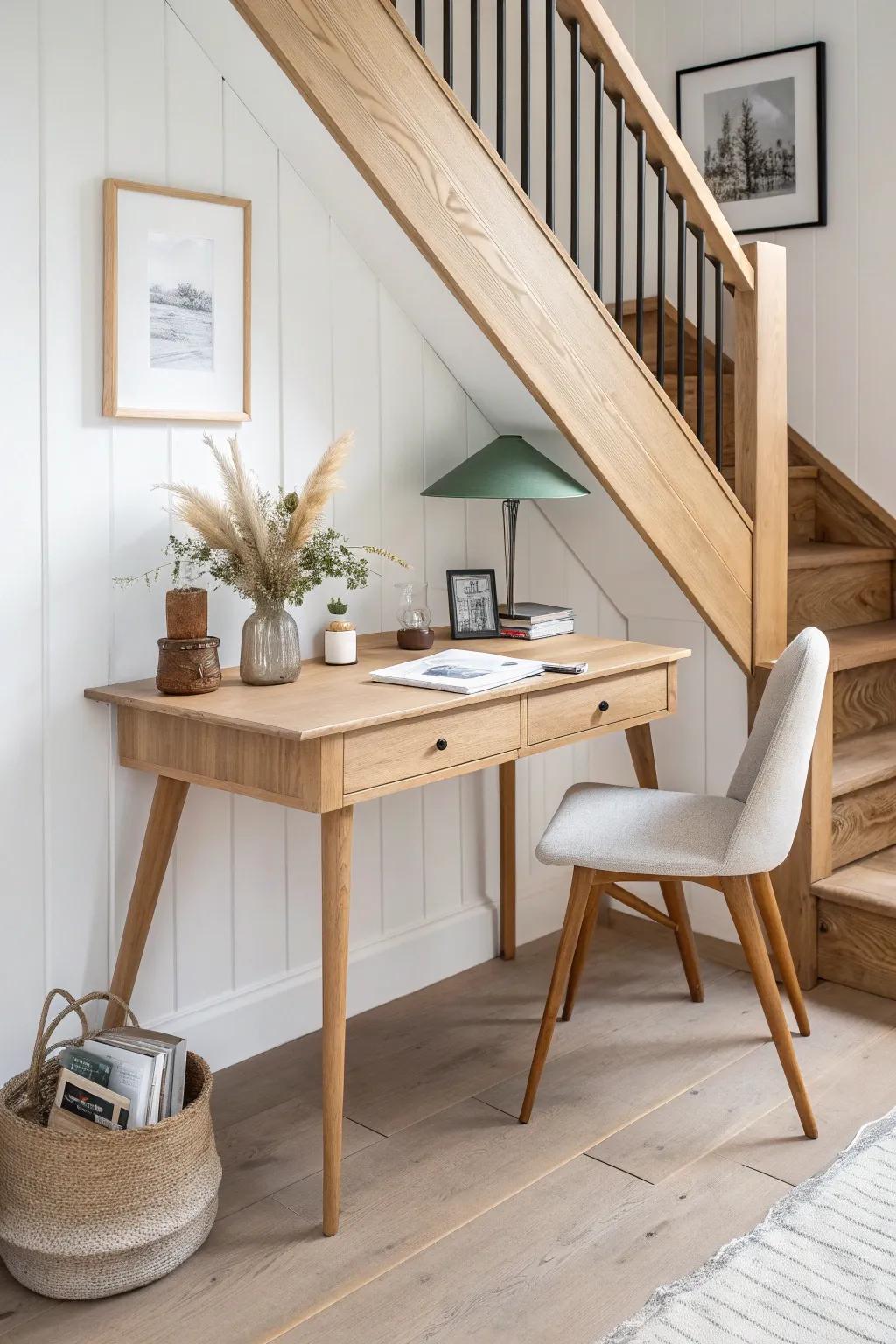 A made-to-measure oak desk that turns the under-stairs nook into a calm workspace.