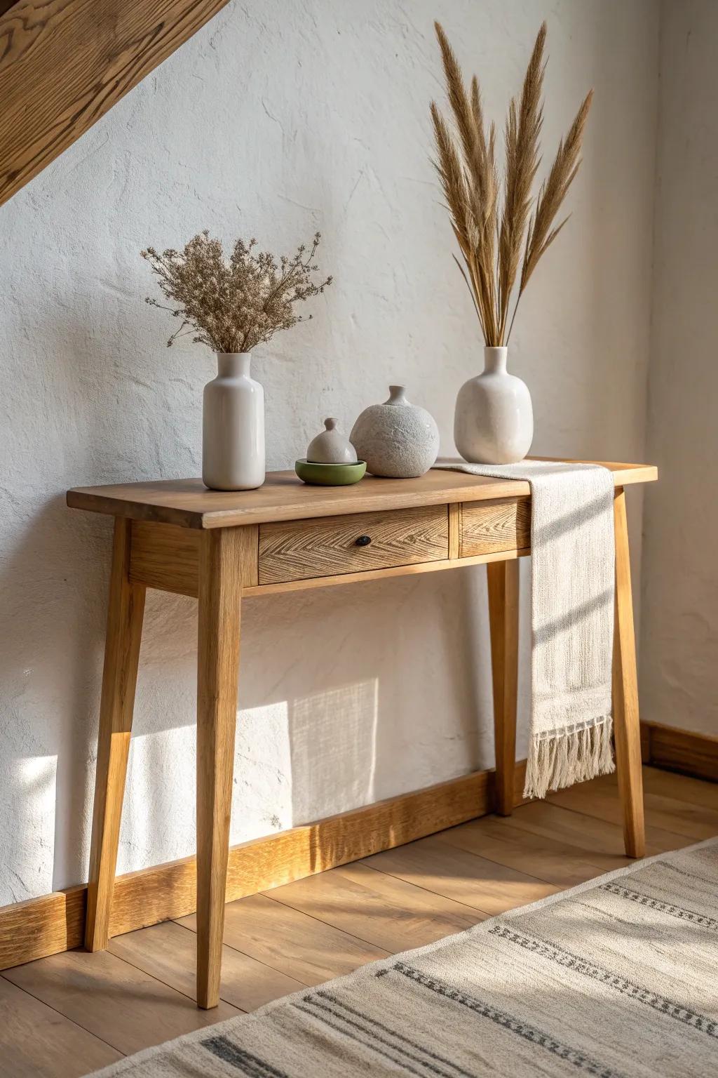 Simple symmetry on a small entry table: matching vases bring instant calm and order.