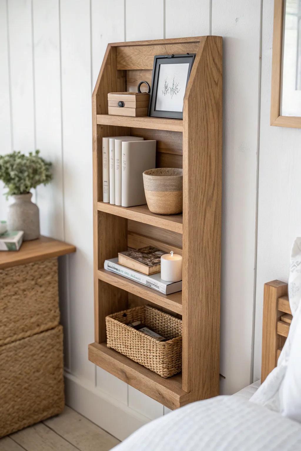 Mini bedside library: open oak shelves with books, woven basket, sketch + candle, no clutter.