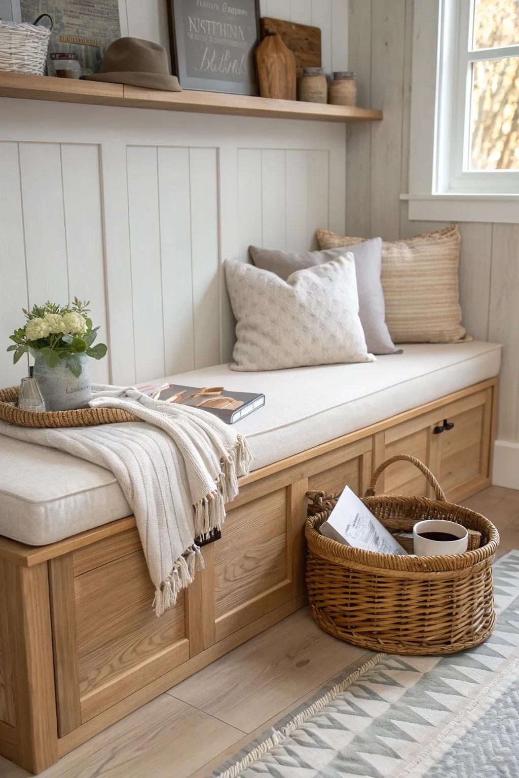 Cozy built-in breakfast banquette with hidden storage—small farmhouse function, big charm.