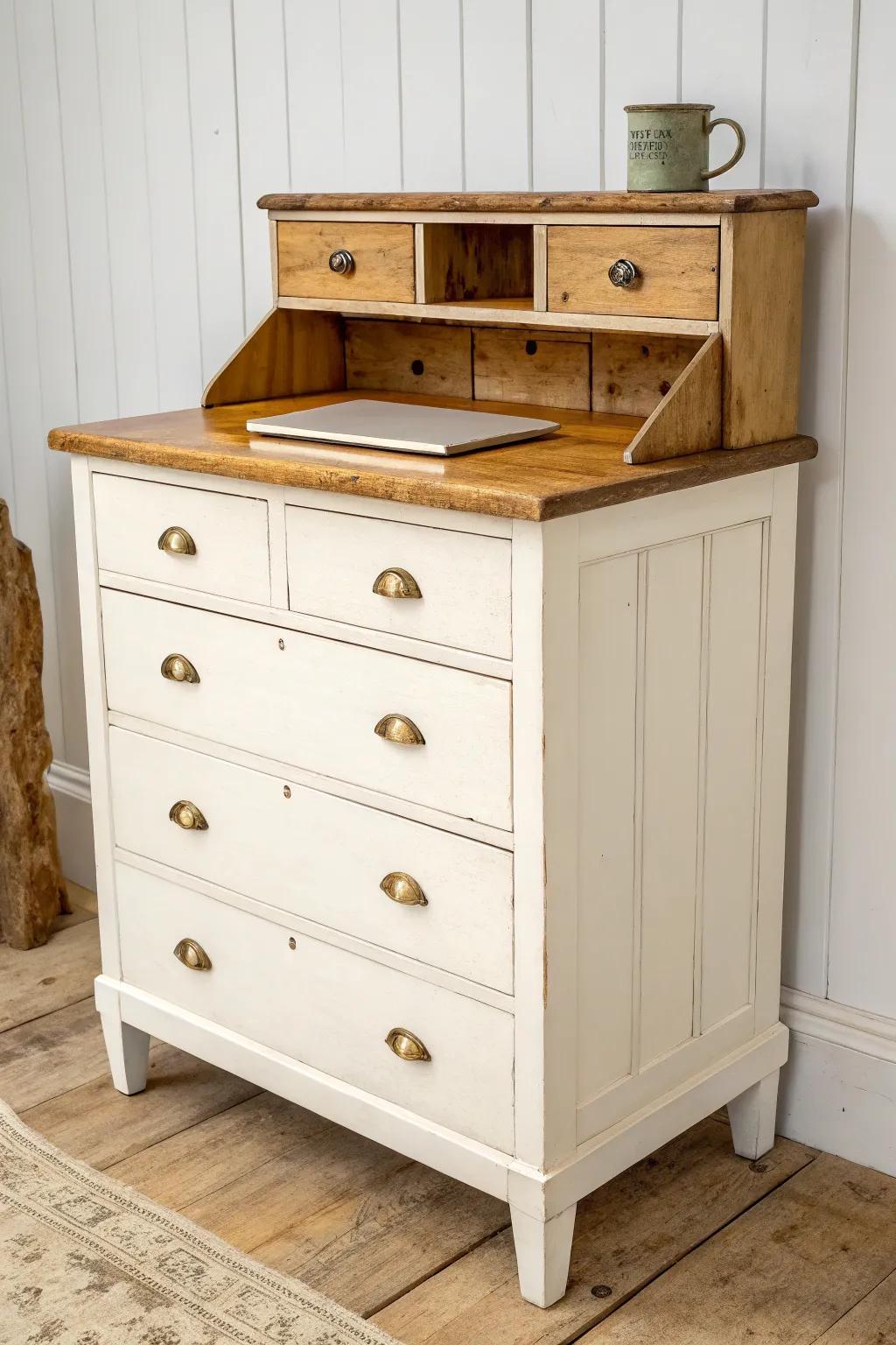 Upcycled dresser desk combo: farmhouse charm with hidden storage and a warm oak top.