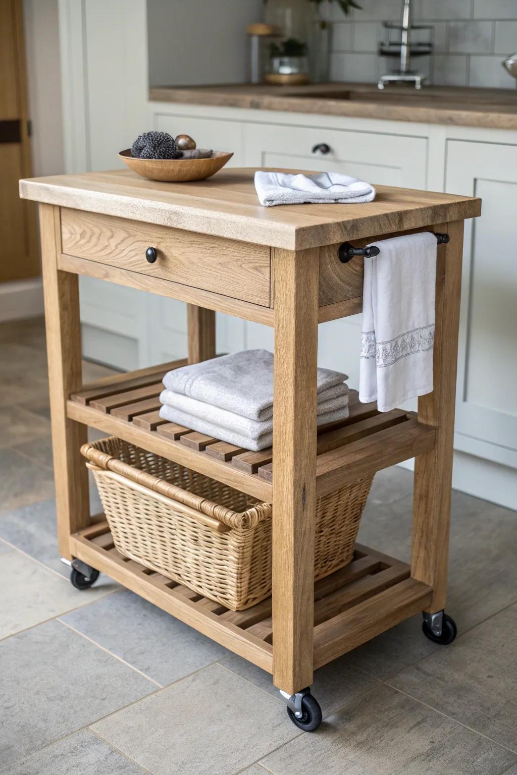 A rolling reclaimed-wood island adds instant prep space—then tucks away for easy flow.