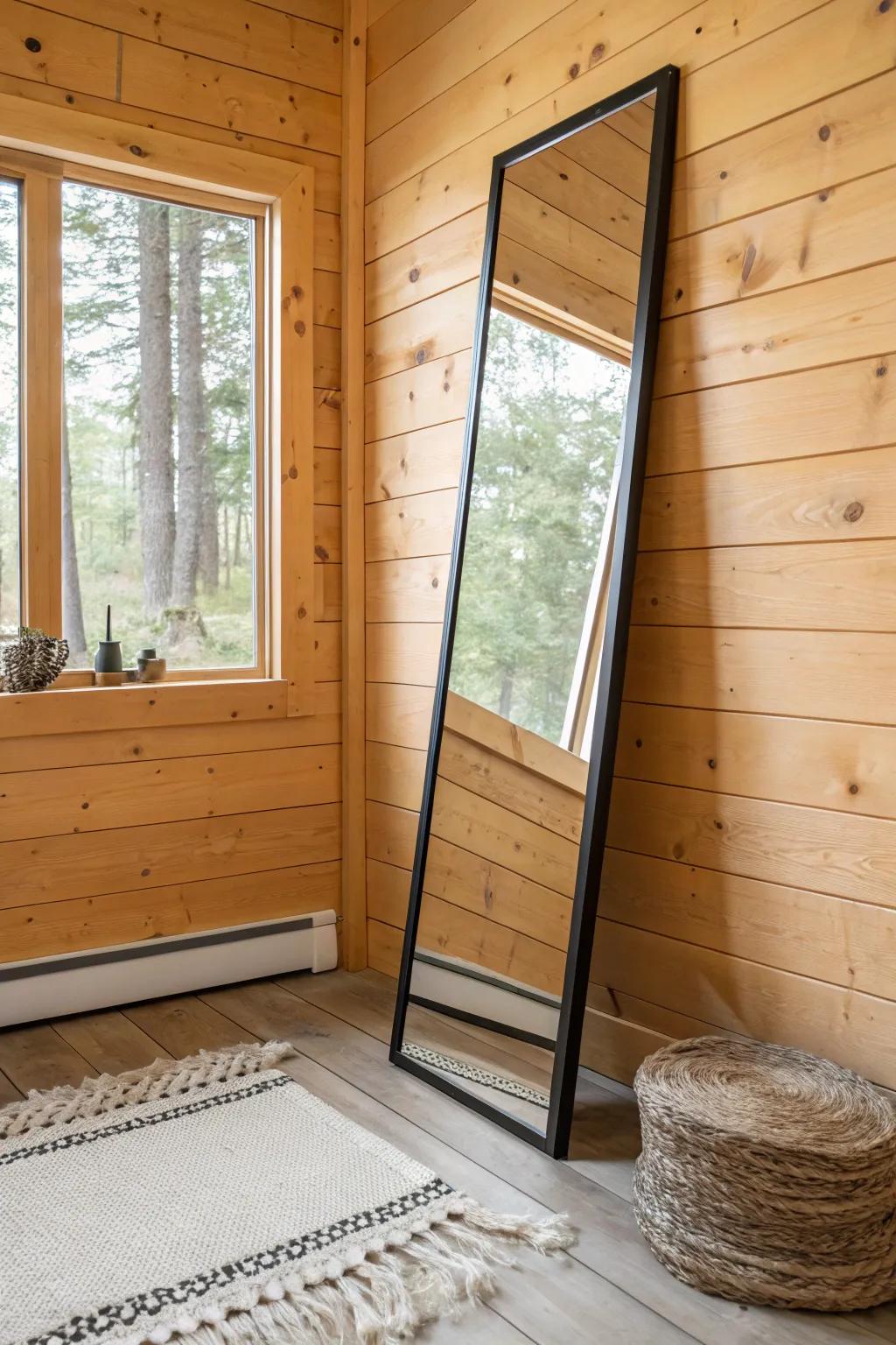 A tall mirror panel opposite the window bounces light and instantly makes the shed feel bigger.