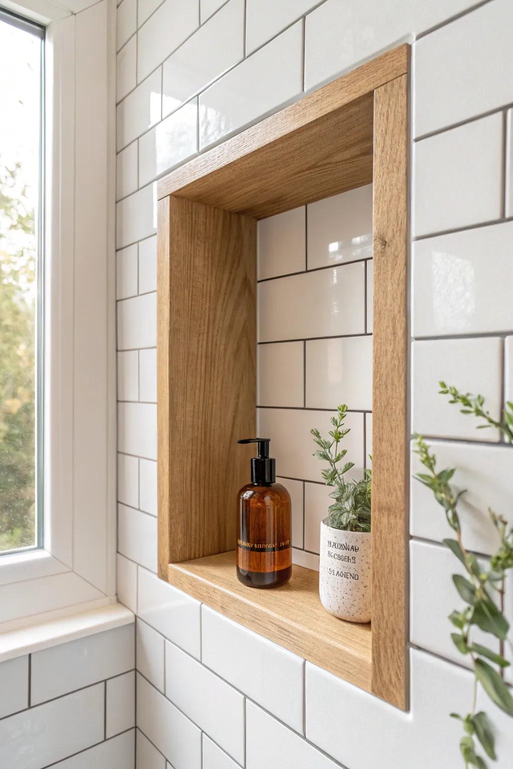 Built-in shower niche with warm oak trim—farmhouse charm that keeps small bathrooms tidy.