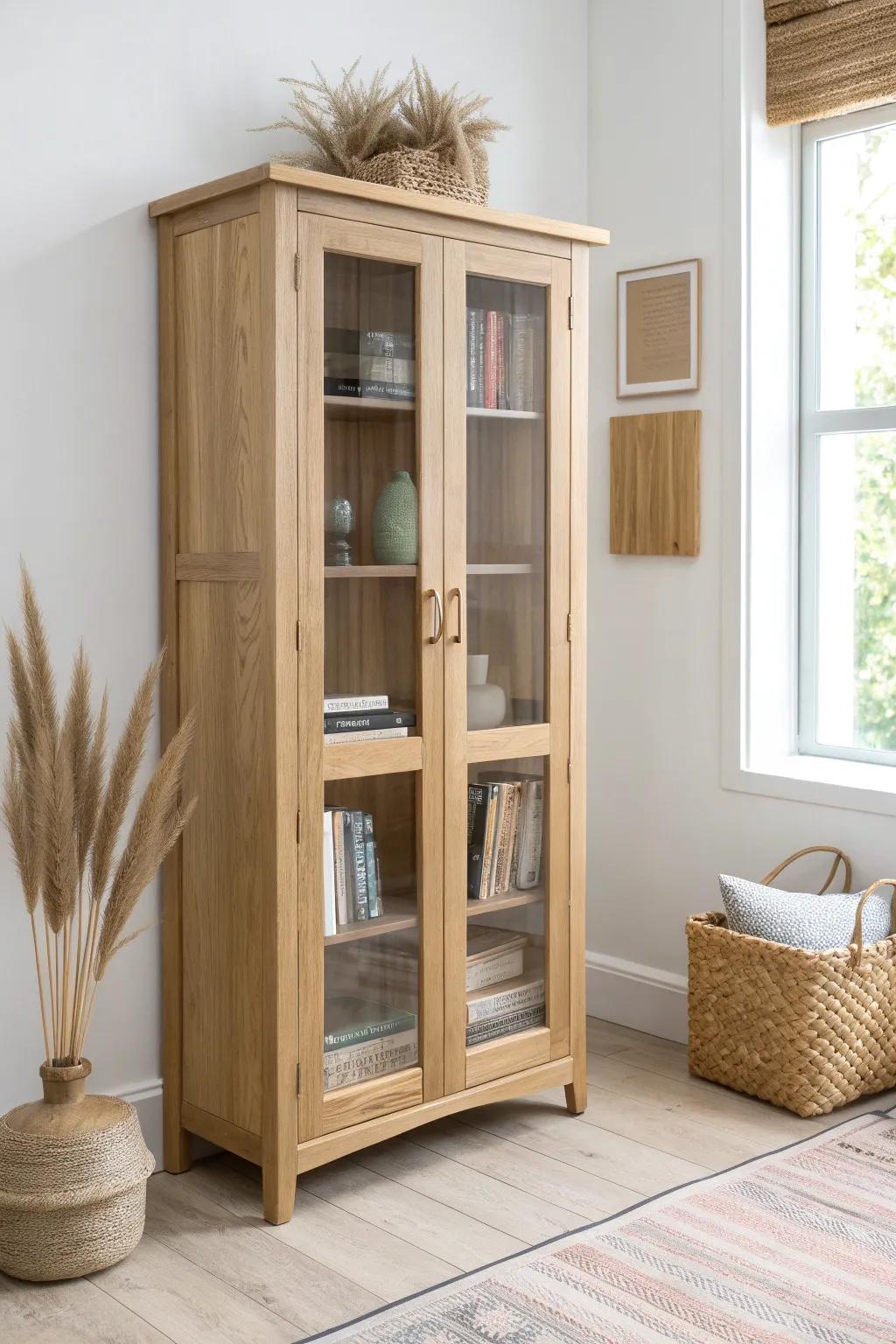 A glass-front book cabinet keeps a tiny room calm—library vibes without visual clutter.