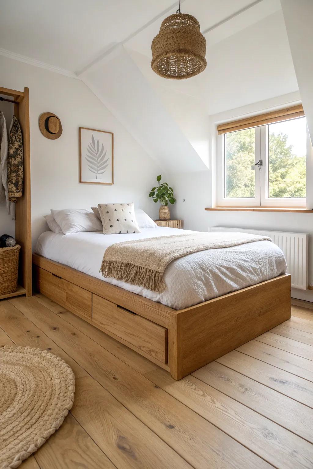 Match the platform stain to your floor for a calm, built‑in look that makes small rooms feel bigger.