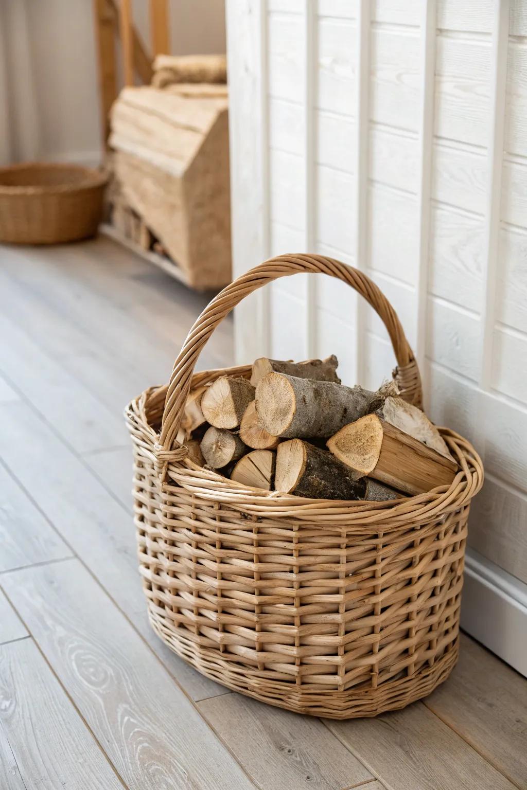 A woven basket of neatly stacked birch logs adds rustic charm without clutter.