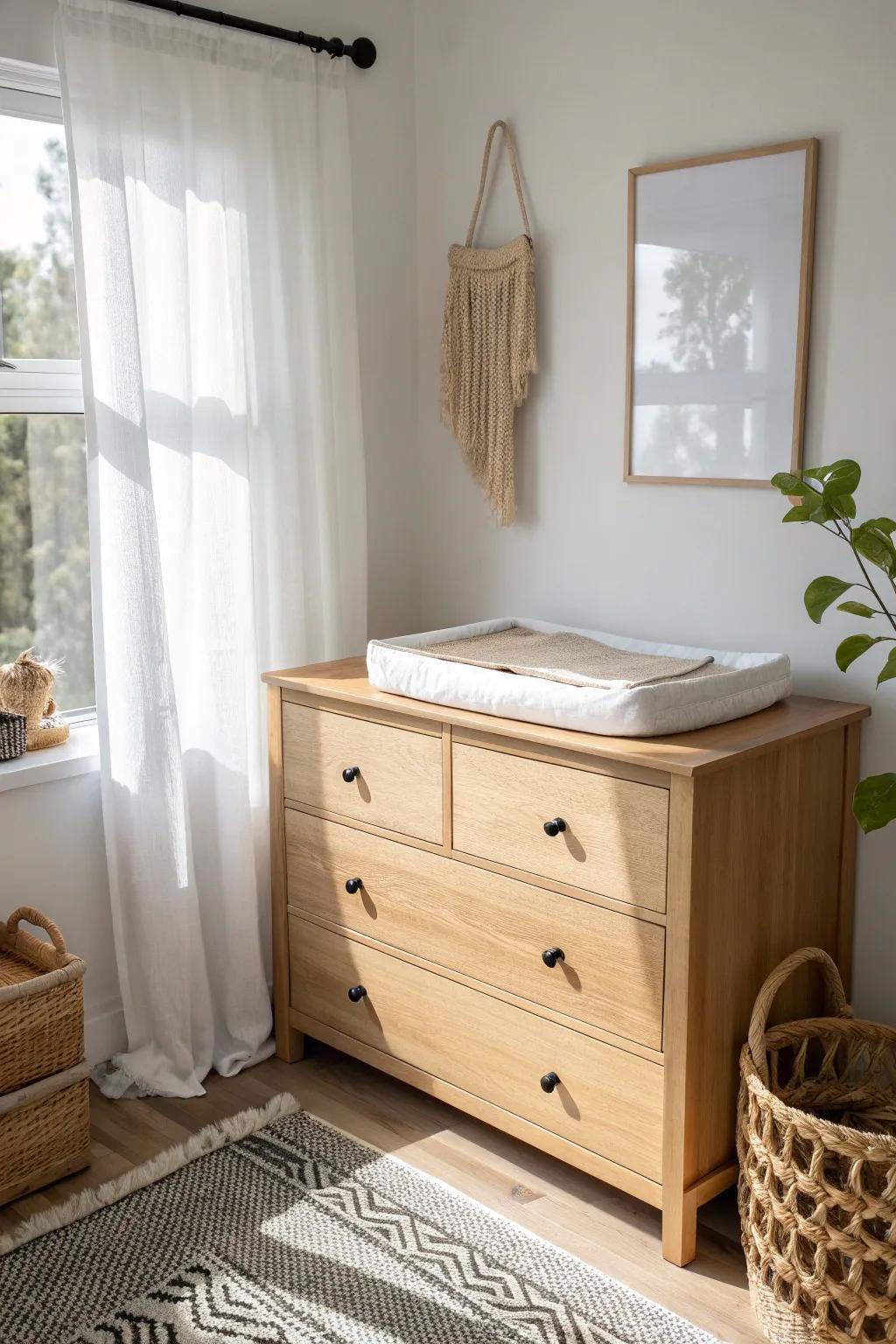 Place a slim wood dresser under the window to keep a tiny nursery airy and change-ready.