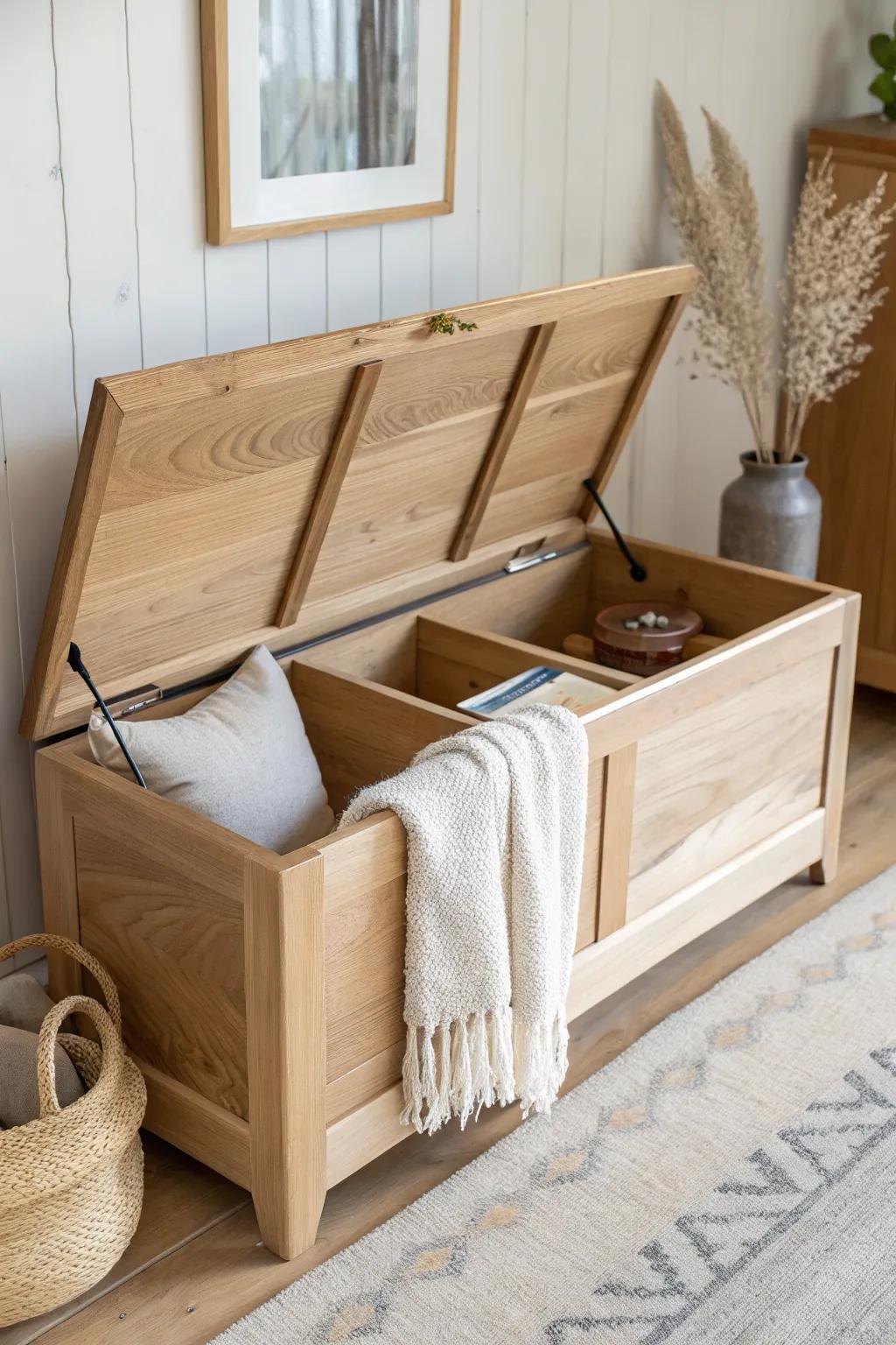 Narrow lift-top storage bench with dividers—keeps scarves, belts, and accessories perfectly tidy.