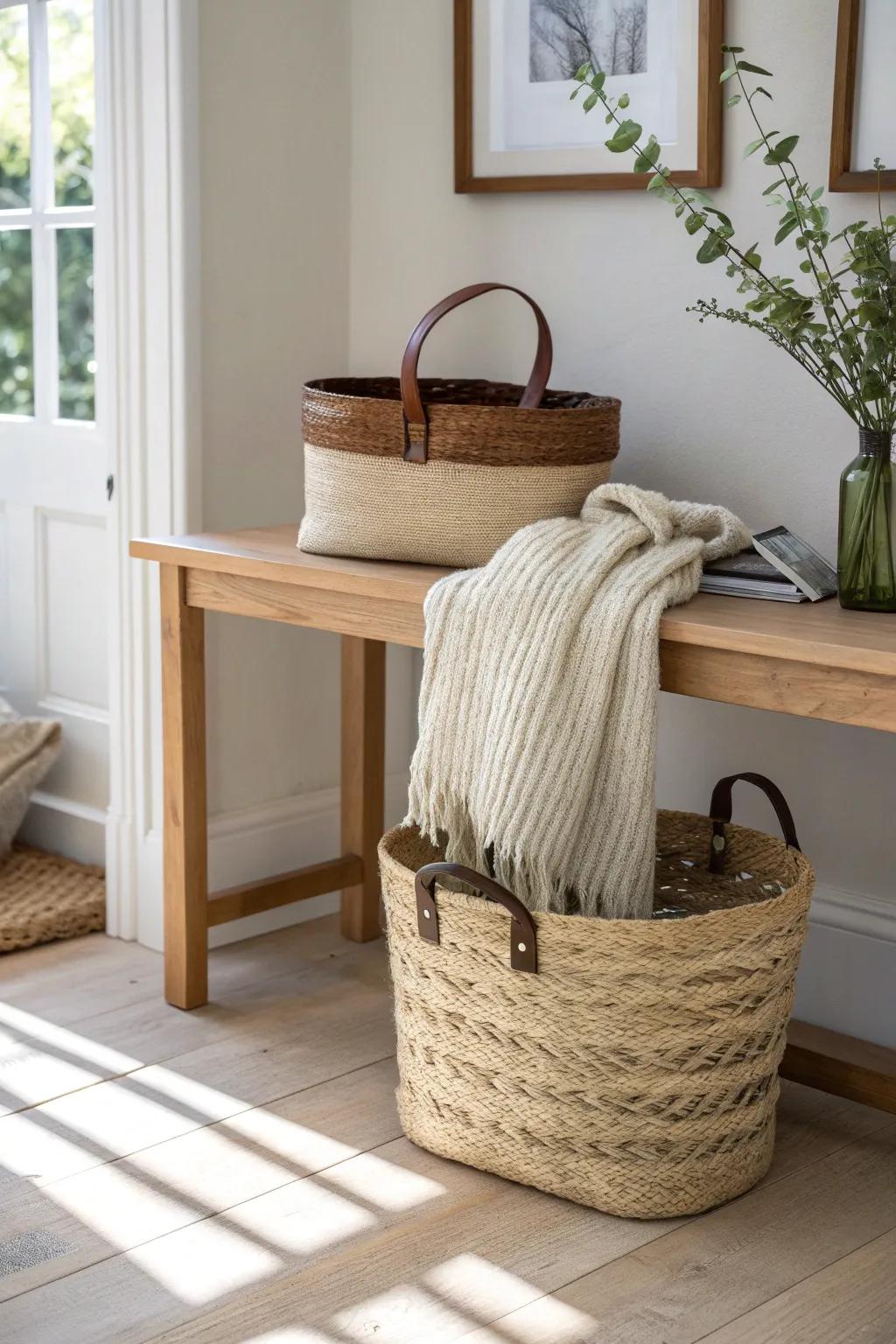 Woven basket under an oak console—cozy storage that keeps a small living room calm.