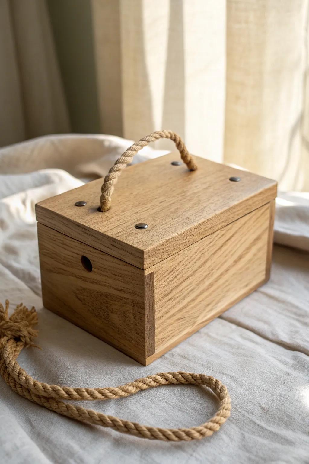 Add a tiny rope pull to your wooden box lid for an instant rustic, tactile charm.