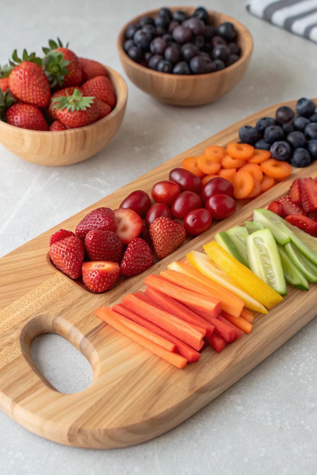 Eat-the-rainbow snack board on warm wood—color-sorted bites with pro-level texture play.