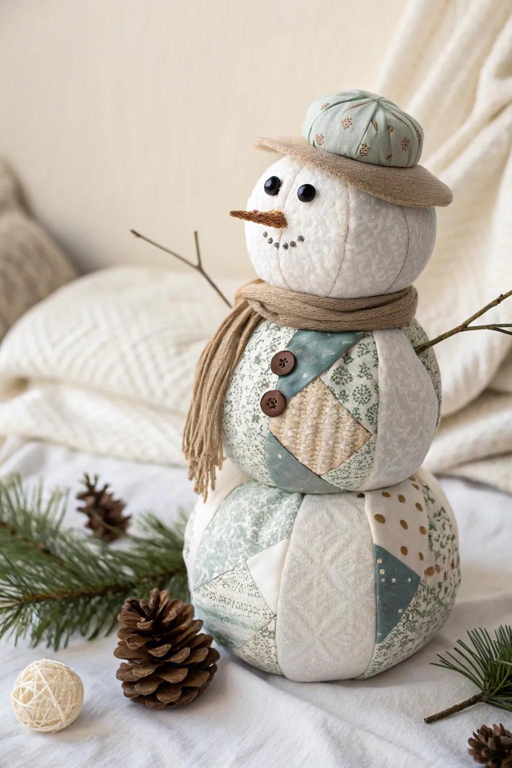 Embrace the beauty of simplicity with this charming fabric scrap snowman, perfect for adding a handmade touch to your winter decor.
