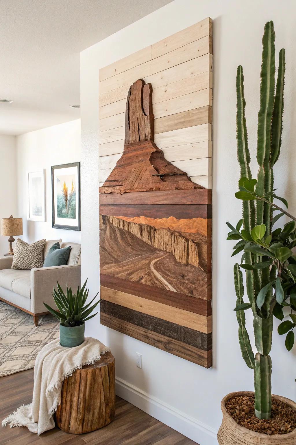 Layered mesa wood cutout with canyon-style stain blending—Southwest drama, Scandi calm.