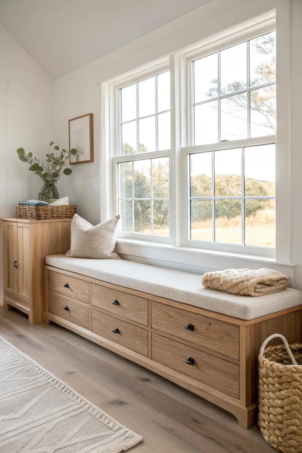 A cozy window-seat dresser: built-in seating on top, reclaimed-wood drawers below.