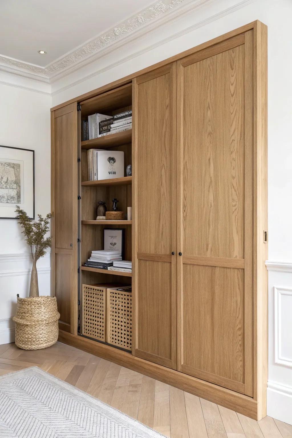 A flush oak panel that pops open—secret storage that keeps your office sleek and intriguing.
