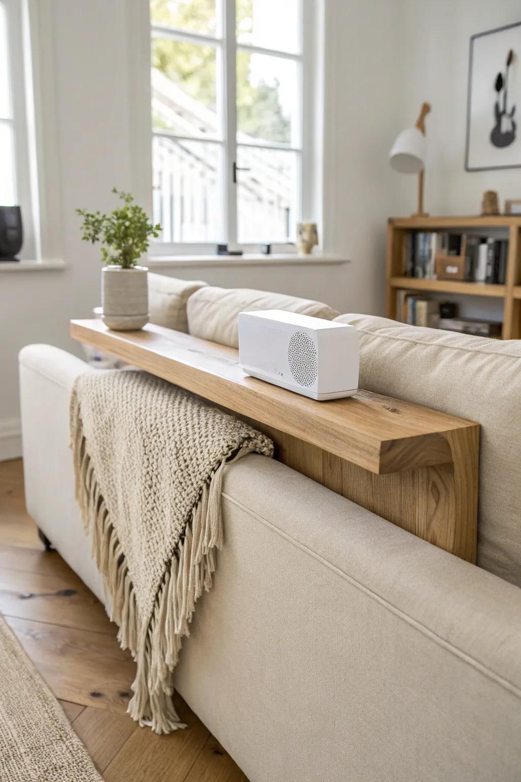 A slim oak rail behind the sofa elevates rear speakers—clean, stable, and beautifully minimal.