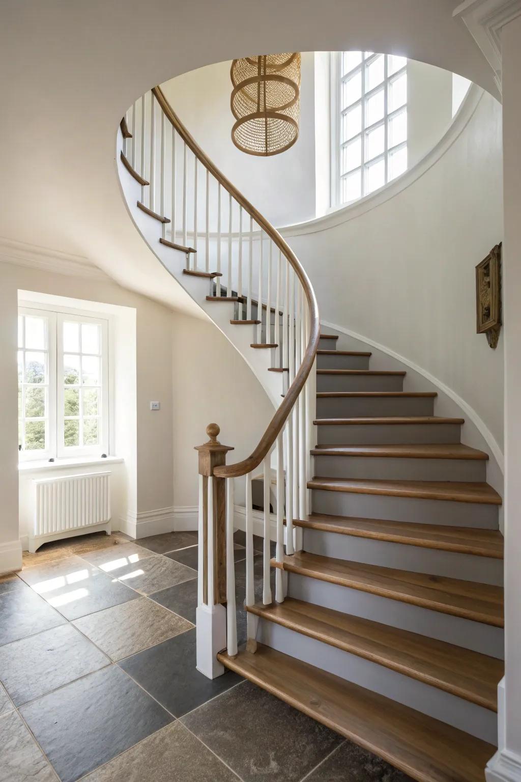 Two-tone spiral staircase paint: dark treads, soft white frame—instant sculptural contrast.