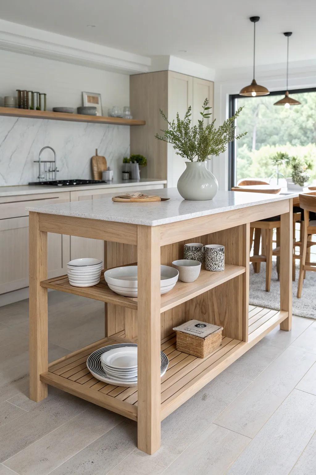 Split-level island: narrow prep tier keeps paths clear, wide dining tier invites cozy seating.