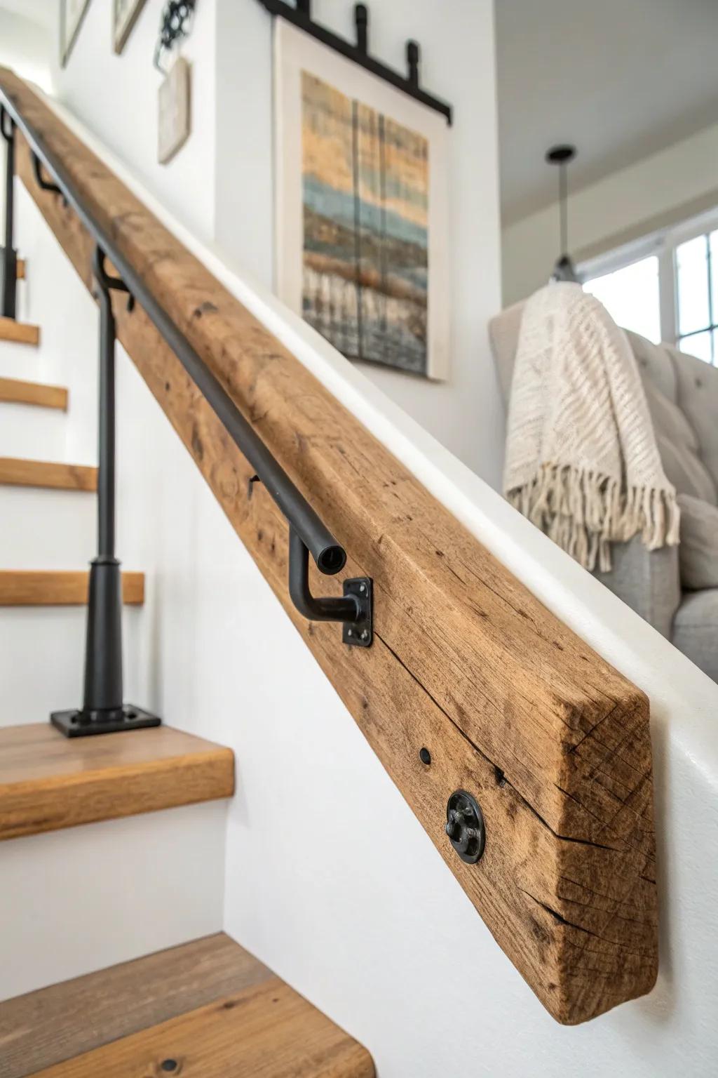 Reclaimed beam handrail: rustic texture, modern lines, and warmth for a timeless staircase.