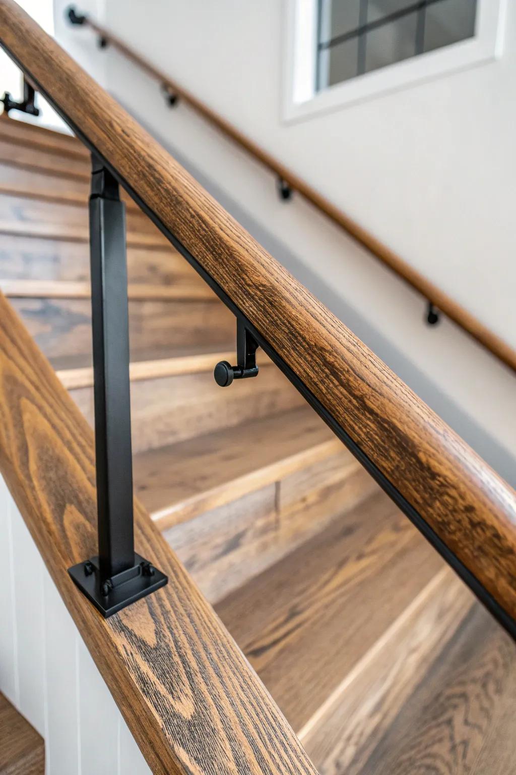 Charred wood handrail + sleek black brackets—moody texture that still feels warm and refined.
