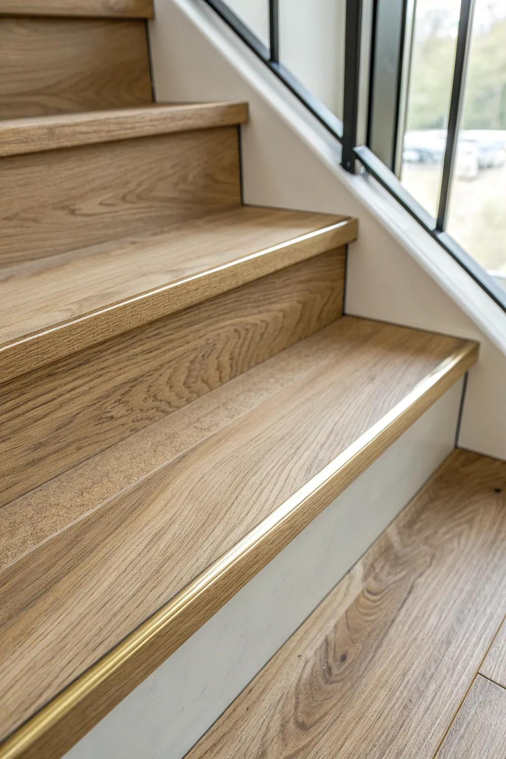 Slim metal inlay at the stair nose for a crisp, modern edge and scuff-resistant beauty.